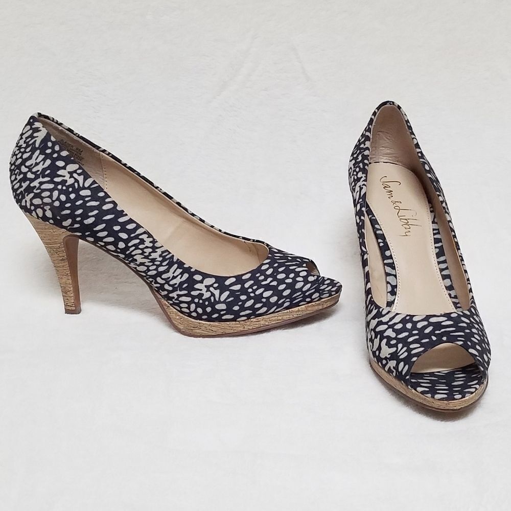 SAM & Libby Sleger Navy Blue Ikat Peep Toe Pumps